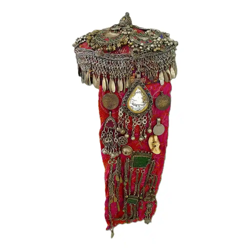 Traditional Afghan women's embroidered headwear with ornaments