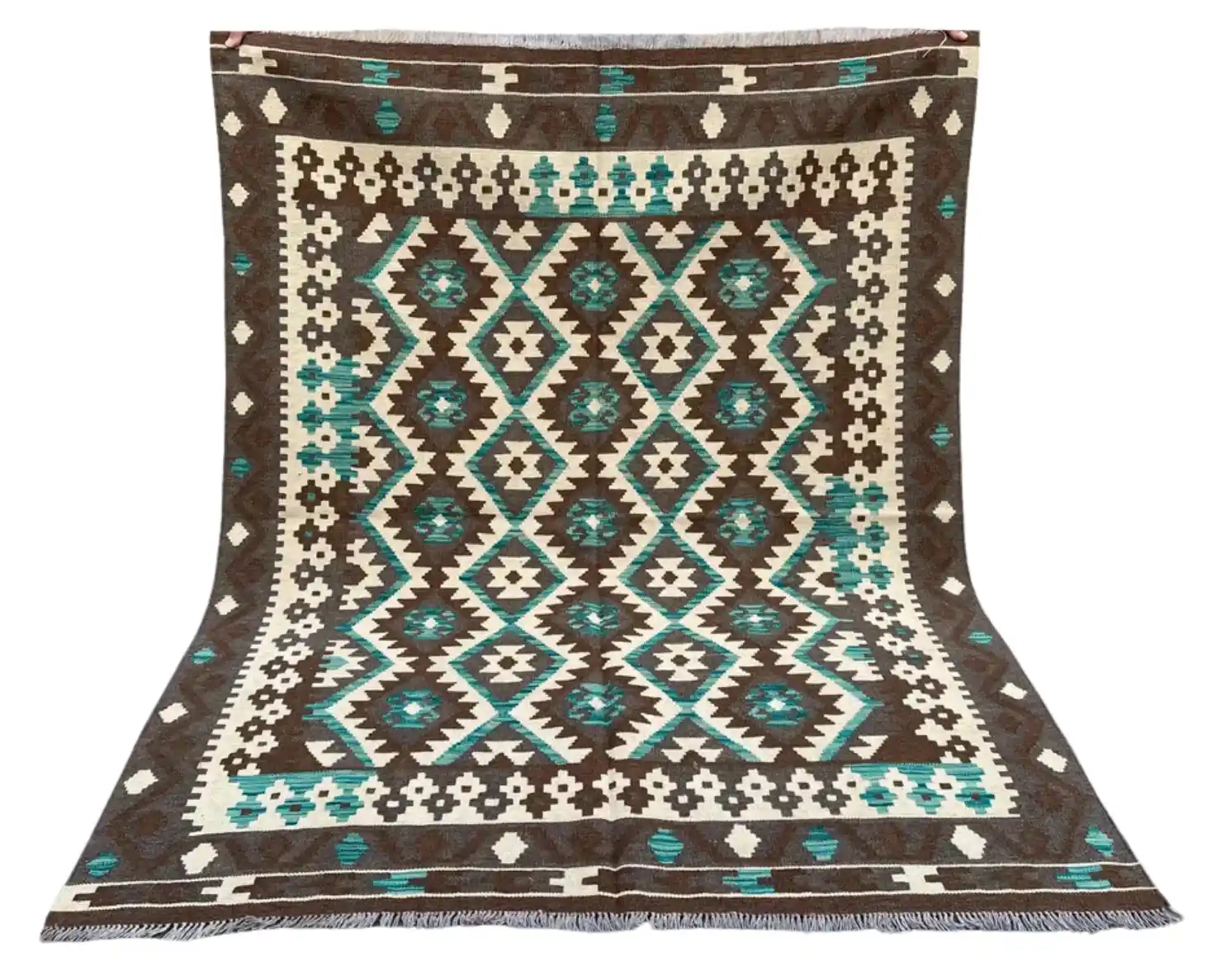 Flat woven Kilim carpet with geometric artwork